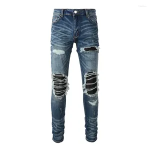 Jeans pour hommes Arrivée Bleu Streetwear En détresse Skinny Stretch Pantalon Détruit Trou Tie Dye Bandana Côtes Patchs Déchiré