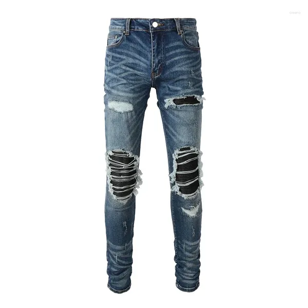 Jeans pour hommes Arrivée Bleu Streetwear Distressed Skinny Denim Pantalon pour hommes Stretch Détruit Trou Bandana Ribs Patchs Ripped