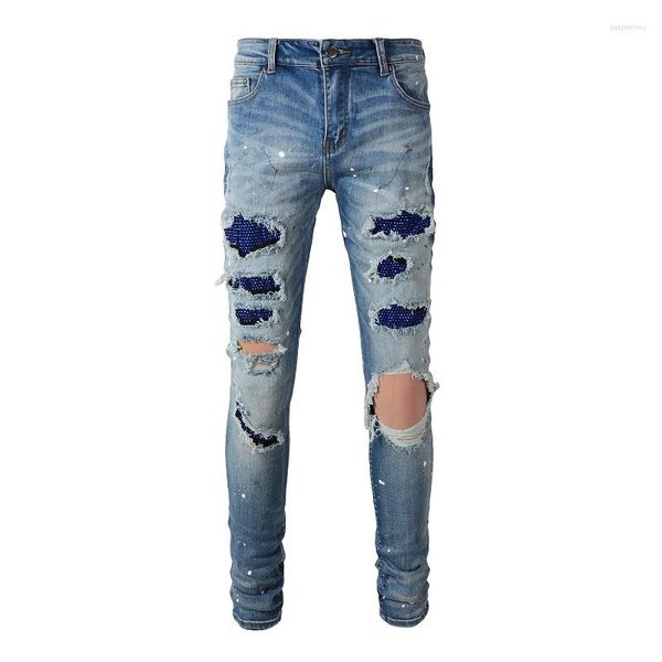 Jeans pour hommes arrivée en détresse indigo clair Streetwear déchiré maigre trous endommagés avec strass Stretch détruit mince