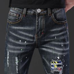 Jeans pour hommes Arrivée Denim élastique High Street Splice Ruiné Long Homme Pantalon Mode Patch Slim Fit Quotidien Pantalon