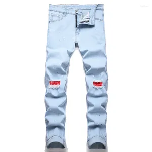 Jeans pour hommes Arrivée Élastique Genou Trou Mon Patch Tissu Personnalité Point Peinture Pour Hommes Européen Hip Hop Pantalons Longs Adolescent