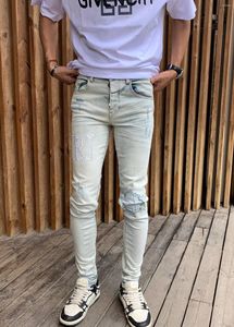 Jeans pour hommes Arrivée Style de mode Couleur claire Homme Ripped Strass sur le genou Slim Stretch Patch Denim Pantalon Pantalon