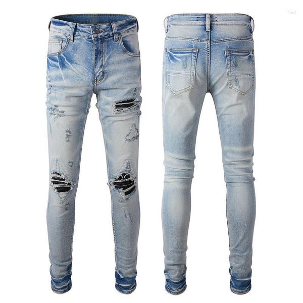 Jeans pour hommes Arrivée Mens Y2K Pantalon en détresse bleu clair maigre denim déchiré streetwear trou endommagé crayon décontracté détruit