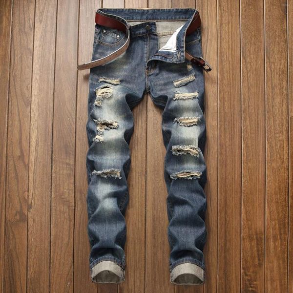 Pantalones vaqueros para hombre Llegada Ripped Denim Hole All-match Arruinado Hombres Pantalones regulares para hombre Fit Straight Tide Brand Pantalones