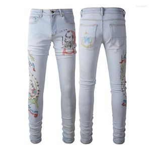 Jeans pour hommes Arrivée Top Qualité Blue Print Slim Streetwear Hommes Femmes Damage Skinny Denim Pantalon High Stretch Graffiti Ripped Crayon