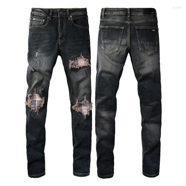 Jeans pour hommes Arrivées Bleu Streetwear En détresse Skinny Stretch Détruit Tie Dye Bandana Ribs Patchs Pantalon Slim Fit