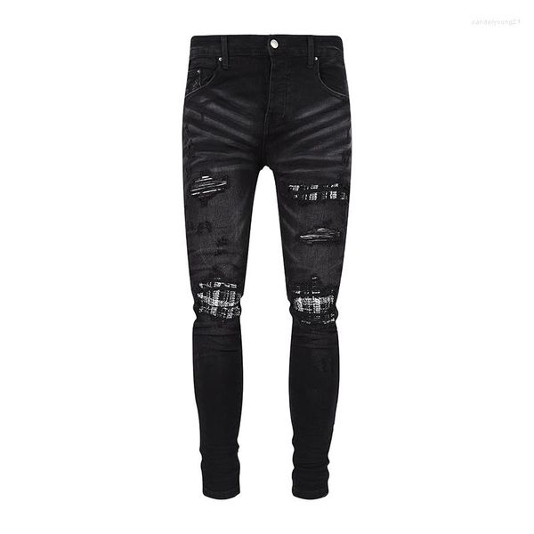 Jeans pour hommes arrivées mode Streetwear trous déchirés noir décontracté tout match pli Patchwork Slim Denim pantalon pour hommes