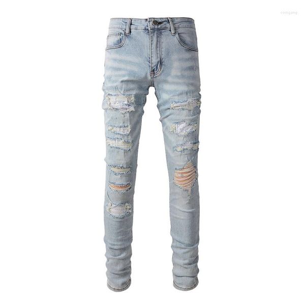 Jeans homme arrivées bleu clair en détresse Streetwear Stretch maigre strass Patch trous détruits rue haute mince