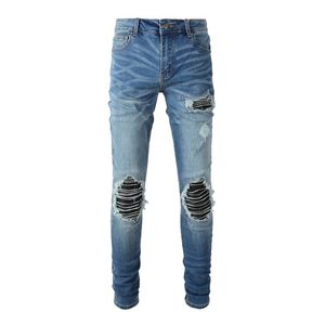 Heren jeans aankomsten lichtblauwe slanke fit gescheurde streetwear verontruste magere stretch vernietigde dye dye bandana ribben patches 230330