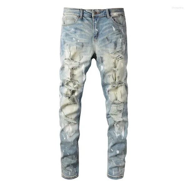 Jeans para hombres Llegadas Azul claro Slim Fit Streetwear Distressed Skinny Stretch High Street Holes Bandana Patchwork Ripped