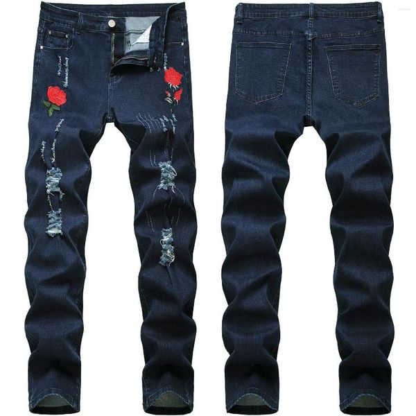 Jeans para hombres Llegan Hombres Slim Stretch Azul oscuro Agujero de alta calidad Ripped Street Fashion Pantalones Light Luxury Print Sexy Casual