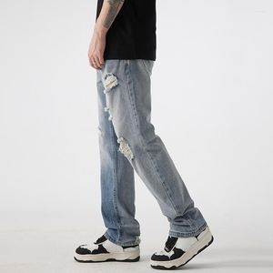 Jeans pour hommes arrivent hommes déchirés coupe régulière jeunesse adolescent quotidien pantalons longs bleu vintage whashed pantalon mâle