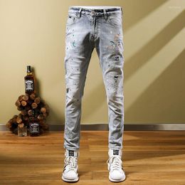 Jeans homme automne 2023 broderie impression Splash encre perforé Stretch polyvalent belle personnalité pantalons décontractés déchiré