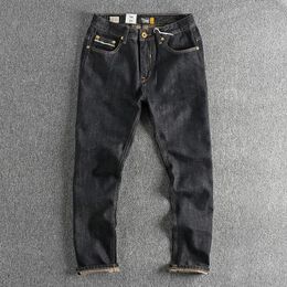 Jeans para hombres Otoño Americano Retro Color primario Oreja roja Denim Moda Algodón Lavado Viejo Pesado Pesado Pantalones rectos delgados