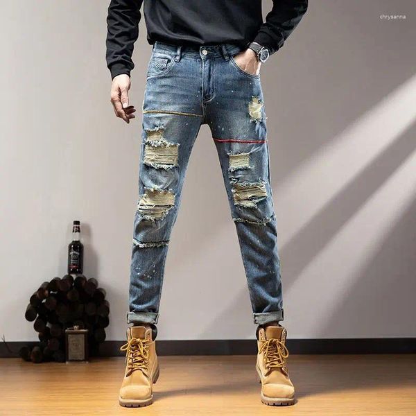 Jeans pour hommes Automne et hiver en détresse Slim Fit Petite jambe Pantalon long Denim personnalisé Ripped Skinny Hommes