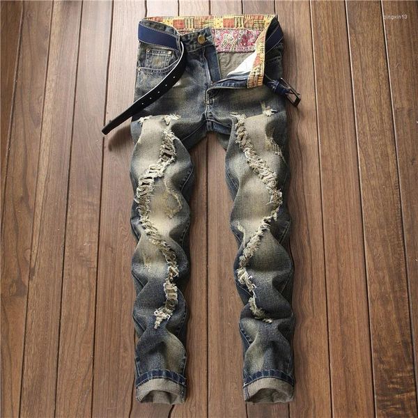 Jeans para hombres Otoño Agujero roto Retro Estilo antiguo Mendigo individualizado Moda e invierno Slim Fit Tubo recto