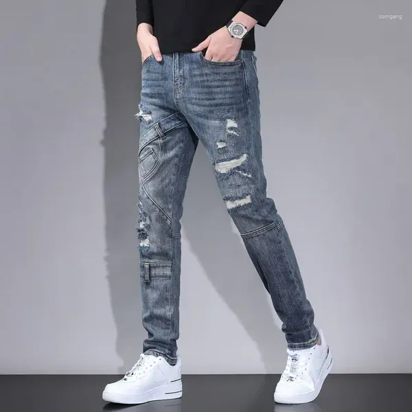 Jeans pour hommes Automne Mode Vintage Rayé Splice Déchiré À La Mode Et Beau Pantalon Slim Fit 2023