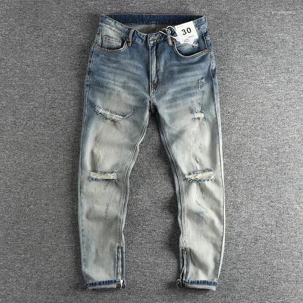 Jeans pour hommes Automne Trou lavé pour faire de vieux hommes Ins Tendance Side Slit Zipper High Street Pantalons longs