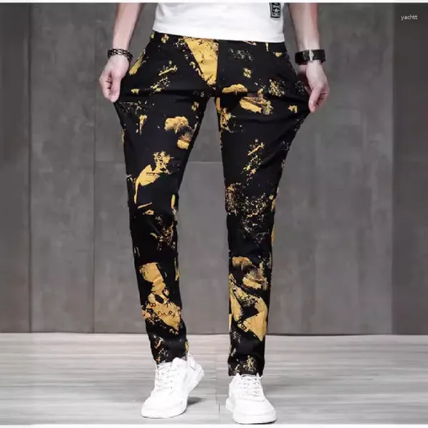 Jeans masculin automne skinny gold imprimé tendance slim sil petit pantalon de fleur de pied jeune