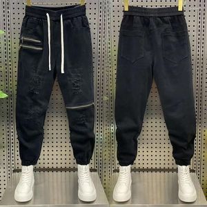 Heren Jeans Herfst Winter Hip Hop Harajuku Streetwear Multi-Zip Zwarte Joggingbroek Dikke Warme Outdoor Casual Jogger Broek merk Mannen Kleding