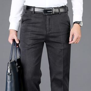Heren jeans herfst winter mannen hoge taille donkergrijze jeans klassieke stijl zakelijke casual elastische rechte denim broek mannelijke merk broek 230308
