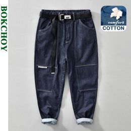 Heren jeans herfst winter mannen retro all-match solide kleuren gereedschap jeans los grote pocket casual broek blauw werkkleding l8220 230302