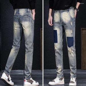 Jeans pour hommes automne hiver rue mode déchiré imprimé coton pantalons décontractés hip hop mendiant