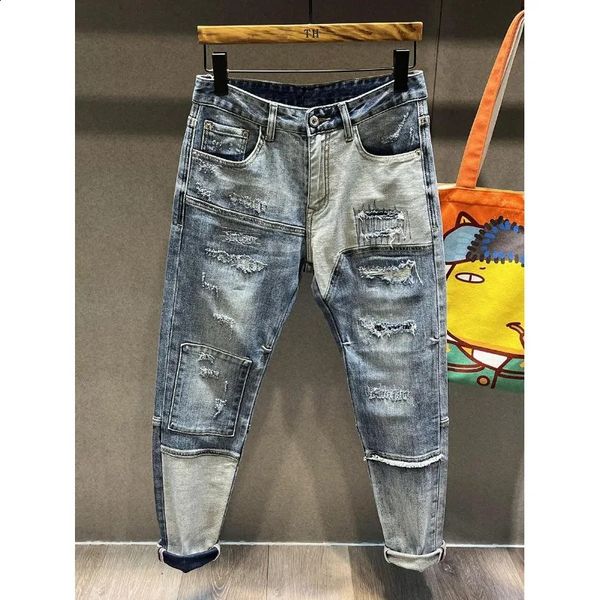 Jeans pour hommes Automne Hiver Tendance Droite Slim Ripped Hole Patch Vintage Mode Épissage Denim Pantalon Streetwear Pantalon Mâle 231214