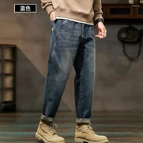 Pantalones vaqueros para hombre Otoño Invierno Vintage sueltos casuales rectos hombres tendencia moda agregar terciopelo todo fósforo Harem pantalones de mezclilla pantalones gruesos masculinos