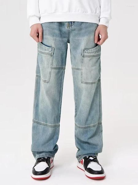 Jeans para hombres Otoño Y2k Retro Nicho Diseño Cremallera Hendidura Suelta Pierna Recta Trapeando Pantalones High Street