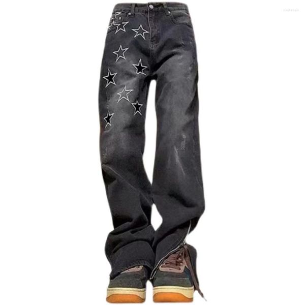 Jeans pour hommes Baggy demi-fermeture éclair unisexe Denim pantalon ample jambe large haute rue pentagramme jambe droite mode Y2k été hommes pantalon noir