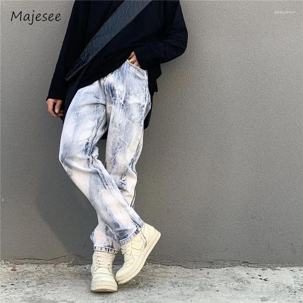 Jeans pour hommes Baggy Hommes Taille moyenne Lavé Vintage Simple High Street Longueur de la cheville Blanchi Beau Fitness Style coréen Moto Biker Ins