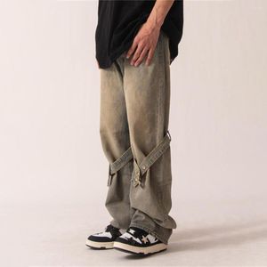 Jeans pour hommes Baggy hommes jambe droite Streetwear haute rue pantalon décontracté ample mince en détresse couleur unie Y2k Hip Hop Denim pantalon