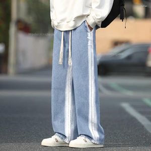 Heren spijkerbroek baggy rechte mode gestreepte stropdy dye stretch taille trekkoord casual vintage denim broek mannelijke streetwear