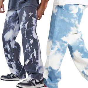 Herren Jeans Baggy Streetwear Oversize Lose Gerade Bein Breite Hose Männer Tie Dye Cloud Motorrad Hip Hop Hosen Denim CottonMen's