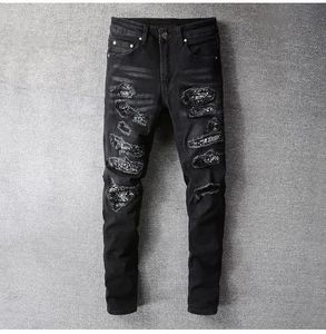 Bandana Paisley imprimé hommes jean Patchwork Stretch Streetwear noir Denim crayon pantalon mince maigre déchiré pantalon 669