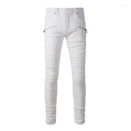 Jeans pour hommes Beige High Street Fashion Slim Fit Distressed Ribs Patches Zippers Pockets Bikers Skinny Stretch Ripped Pant Pour Hommes