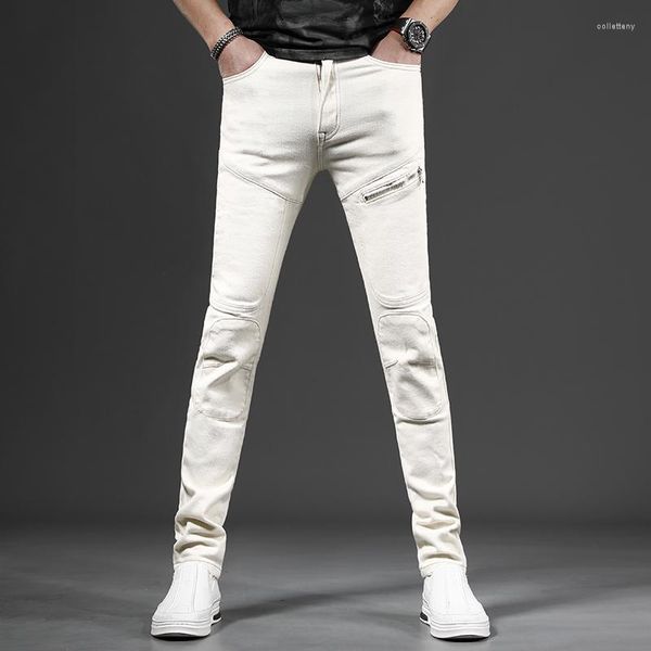 Jeans pour hommes Beige Style coréen Pantalon Slim Fit Streetwear Casual Zipper Patchwork Denim Pantalon CP2198
