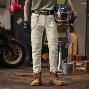 Jeans pour hommes Beige Coutures plissées Design Moto High Street Mode Slim-Fitting Cheville-Travail Marque Trous