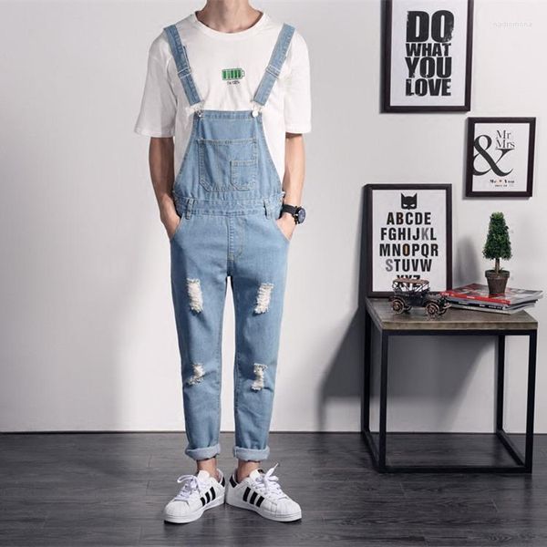 Jeans para hombre Babero Denim General Casual Azul Mono rasgado para hombres Tobillo Mameluco Hip Hop Suspender Jean Pantalones