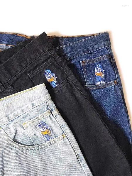 Jeans para hombres Big Boy Y2K Hip Hop Gótico Dibujos animados Gráfico Bordado Baggy Pantalones negros Hombres Mujeres Harajuku Cintura alta Pantalón ancho