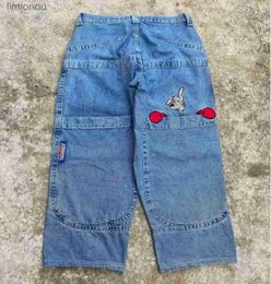 Jeans masculinos bolso grande boxe canguru impressão lavado jeans de perna larga y2k hip-hop rua casual solto harajuku personalidade denim menl240119