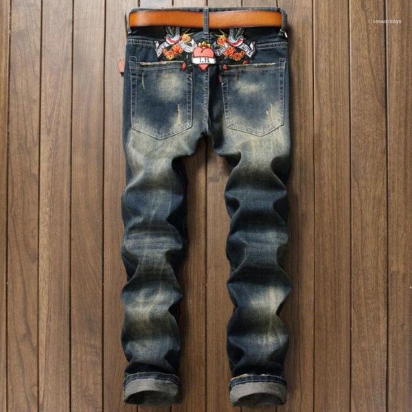 Jeans para hombres Tamaño grande 28-38 2021 Hombres azules Moda Floral Impreso Slim Fit Straight Hombre Casual Patrón de flores Punk1