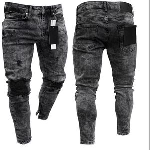 Jeans para hombre Biker Distressed Stretch Ripped Men Hip Hop Slim Fit Holes Punk Zipper Pantalones de mezclilla de color puro 230724