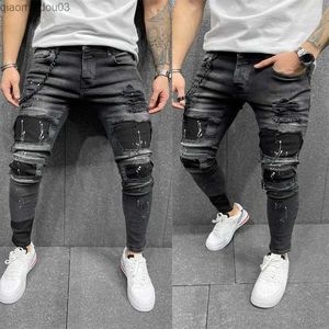 Jean masculin noir 90% de coton pur pour hommes rétro rétro jean élastique serré patchs de trou serré pantalones pantalones imprimées zipper joggerl2404