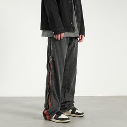 Jeans pour hommes noir et rouge côté Double fermeture éclair Vintage pour hommes jambe large Micro Flare Denim pantalon Hip Hop Streetwear