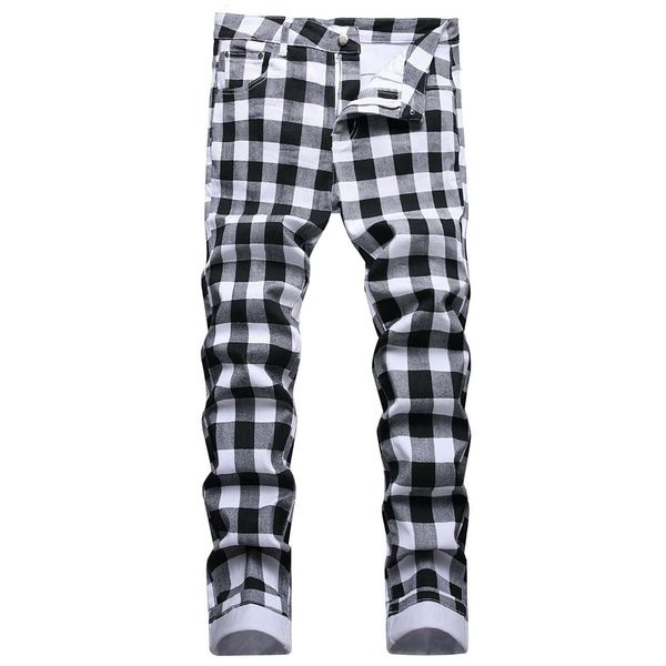 Pantalones vaqueros para hombre, pantalones rectos ajustados con estampado Digital a cuadros a la moda en blanco y negro, pantalones elásticos 230131