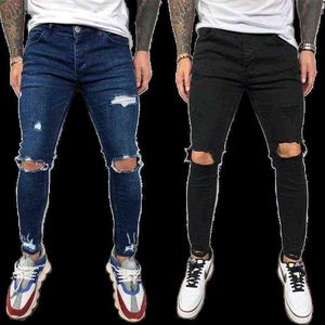 Pantalones vaqueros negros y azules ajustados hasta la rodilla para hombre