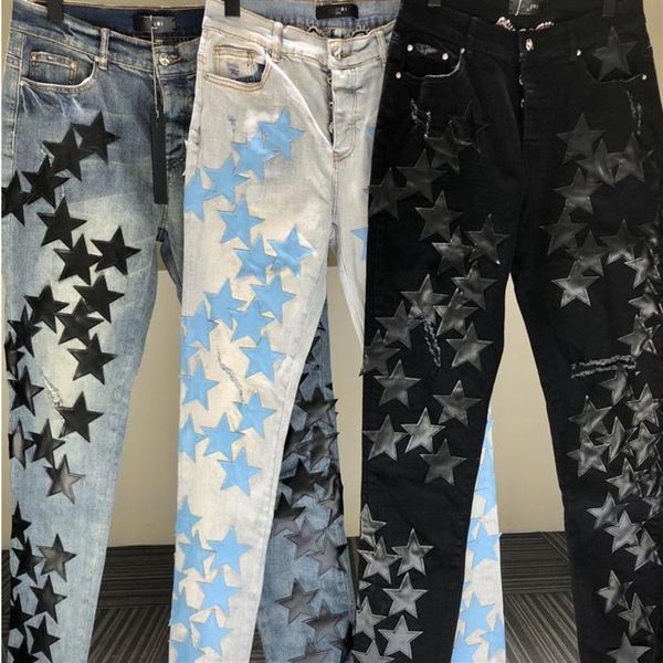 Jeans pour hommes Noir Bleu Star Pattern Patch Street Hommes Moto Pantalon Punk Denim 3 Couleur Hip Hop Jean Pantalon Homme Trendy278f