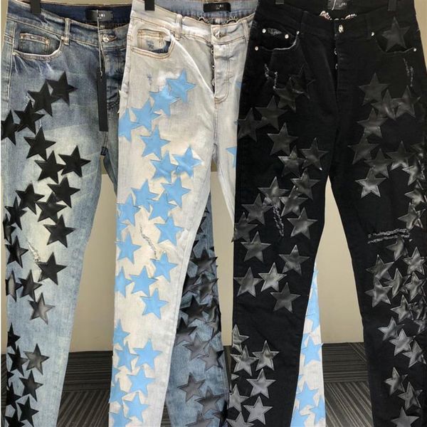 Jeans pour hommes Noir Bleu Star Pattern Patch Street Hommes Moto Pantalon Punk Denim 3 Couleur Hip Hop Jean Pantalon Homme Trendy229m